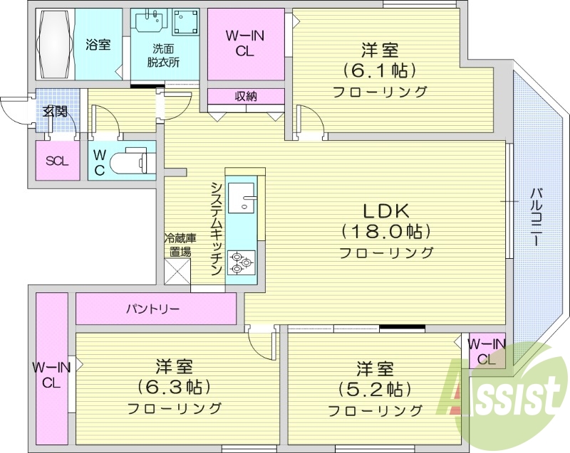 3LDK、エアコン、都市ガス、システムキッチン