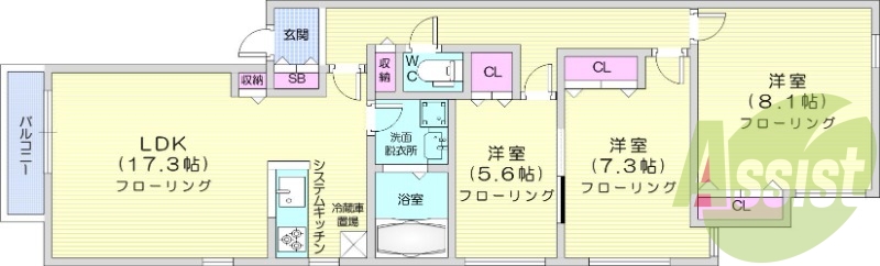 3LDK、オートロック、エアコン、システムキッチン