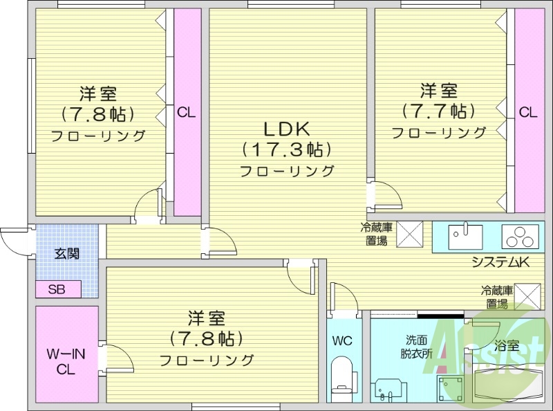 3LDK、システムキッチン、バストイレ別