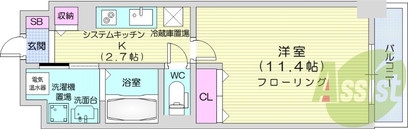 1K、クローゼット、収納、バルコニー、IHシステムキッチン