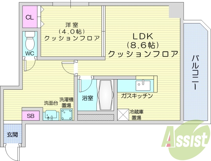 1LDK、クッションフロア、エアコン、バルコニー
