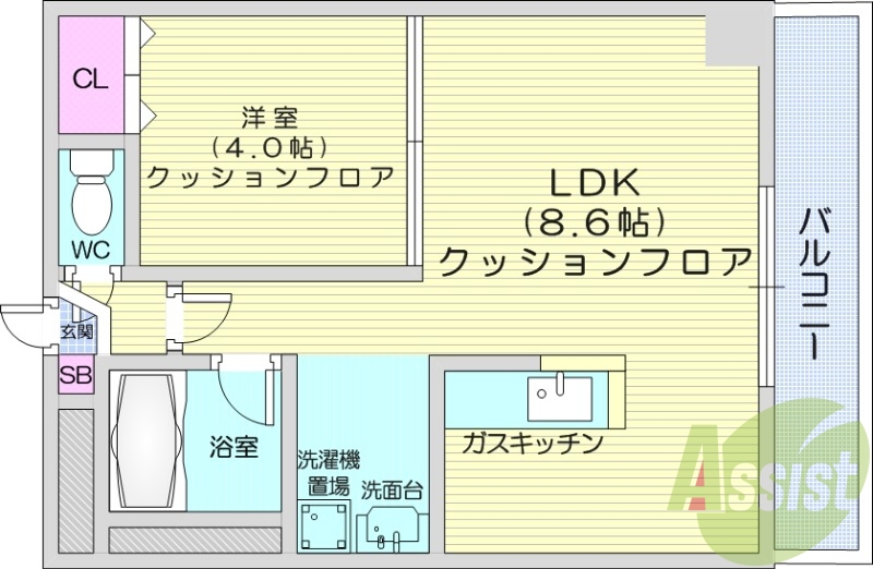 1LDK、クッションフロア、エアコン、バルコニー