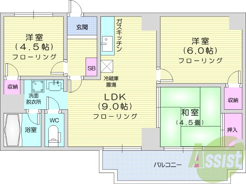 3DK、オートロック、エレベーター、バストイレ別
