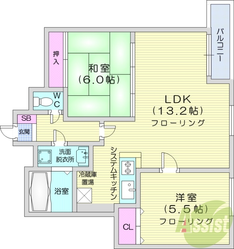 2LDK、エアコン、システムキッチン、独立洗面台