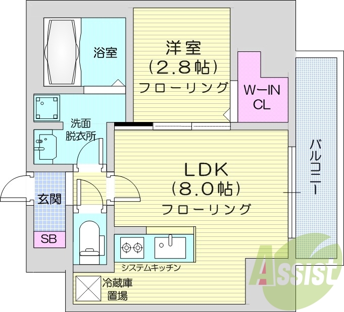 1LDK、エアコン、システムキッチン、床暖房