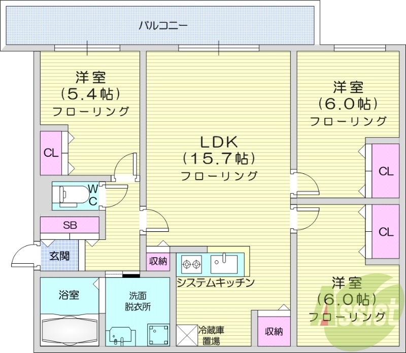3LDK、エアコン、システムキッチン、独立洗面台、追い焚き
