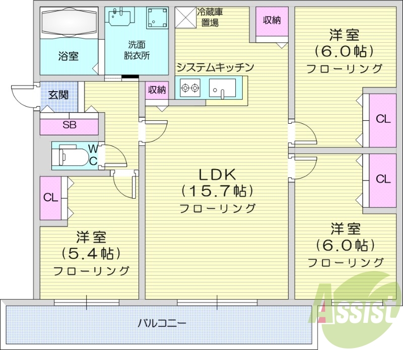 3LDK、エアコン、システムキッチン、独立洗面台、追い焚き