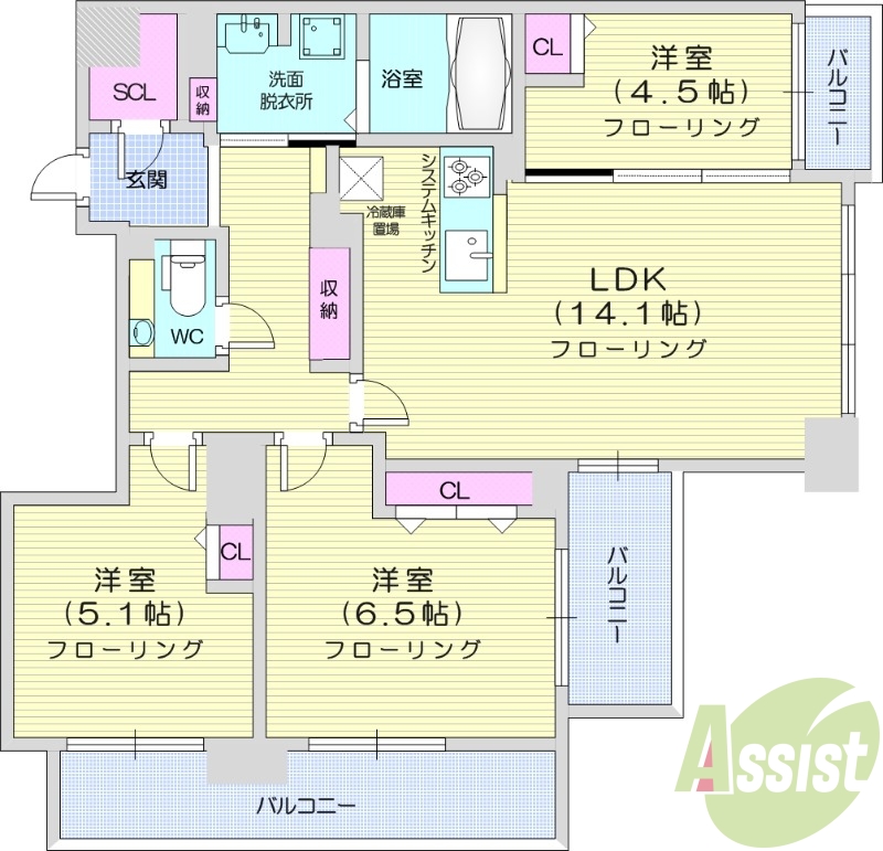 3LDK、都市ガス、追い焚き、浴室乾燥機、システムキッチン