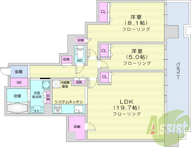 3LDK、都市ガス、オートロック、システムキッチン