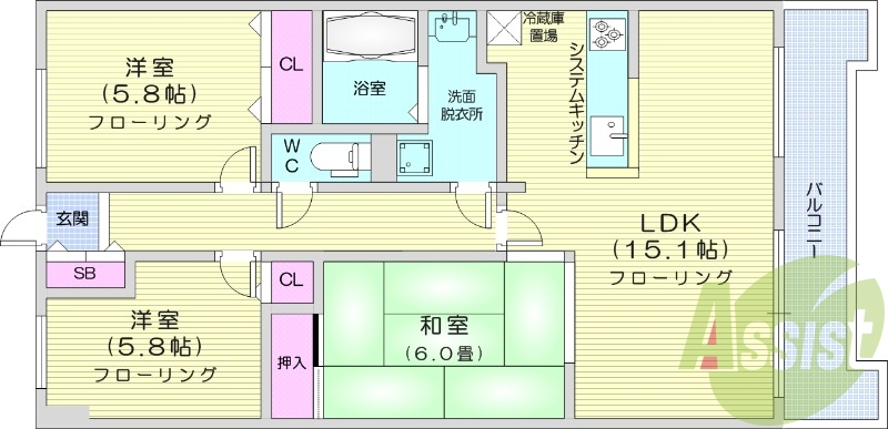 3LDK、システムキッチン、角部屋、追い焚き、トランクルーム