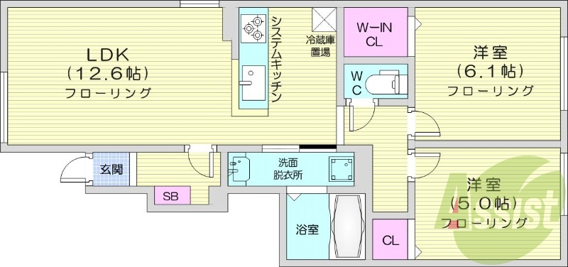 2LDK、システムキッチン、浴室乾燥機、エアコン