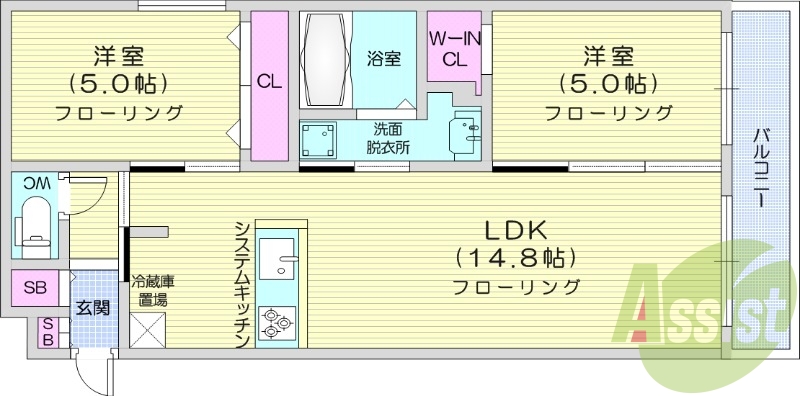 2LDK、エアコン、都市ガス、システムキッチン