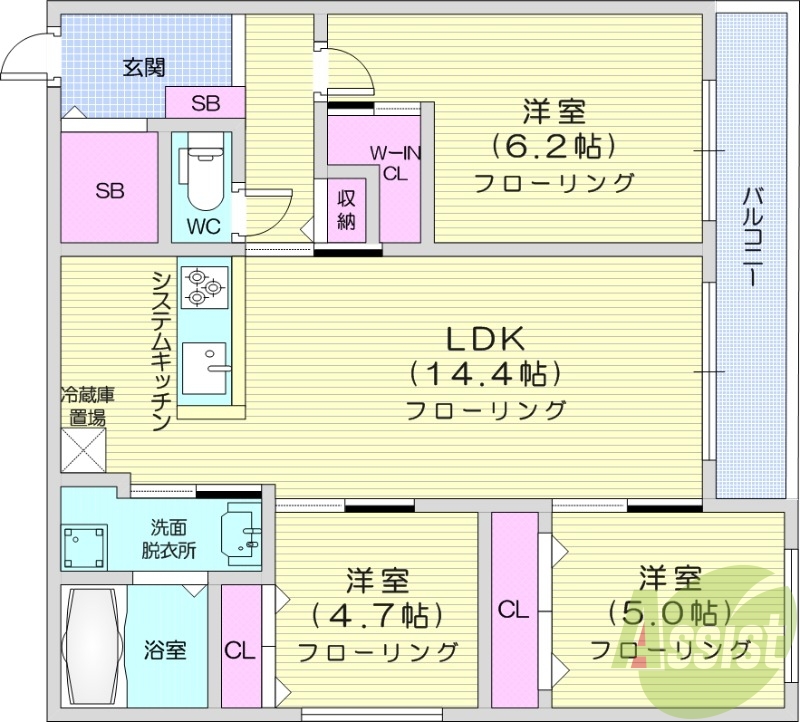 3LDK、エアコン、都市ガス、システムキッチン