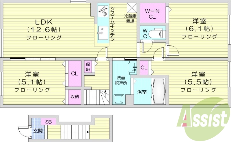 3LDK、エアコン、浴室乾燥機、追い炊き、システムキッチン