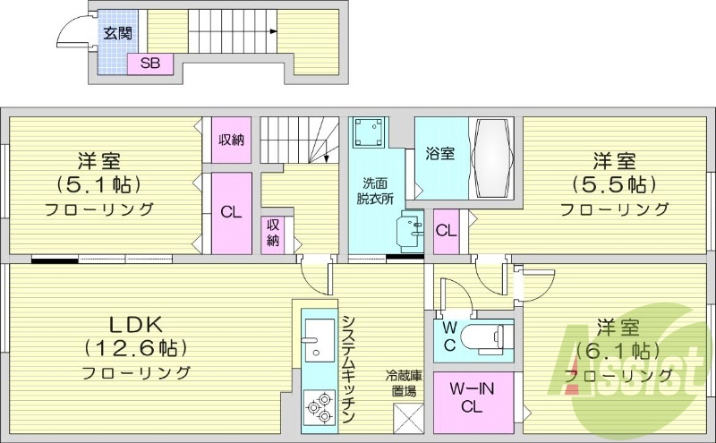 3LDK、システムキッチン、浴室乾燥機、追い炊き、エアコン