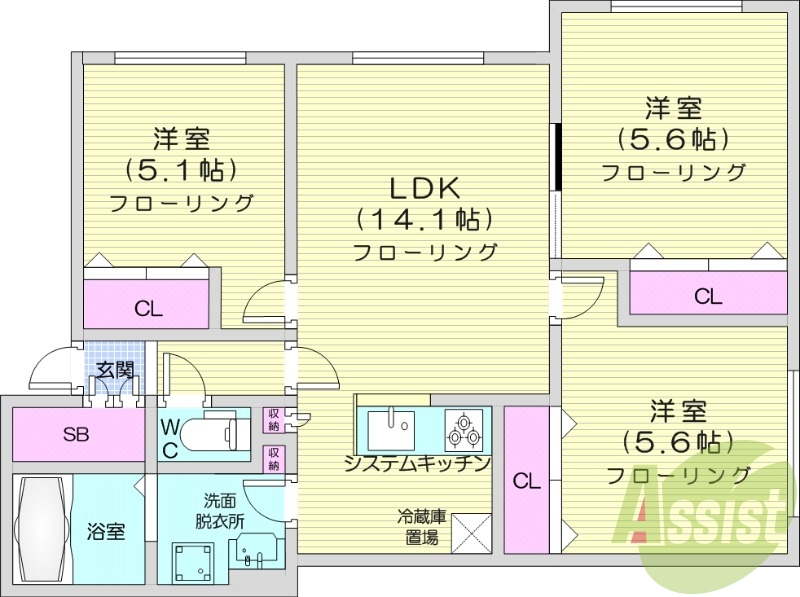 3LDK、エアコン、灯油暖房、対面キッチン