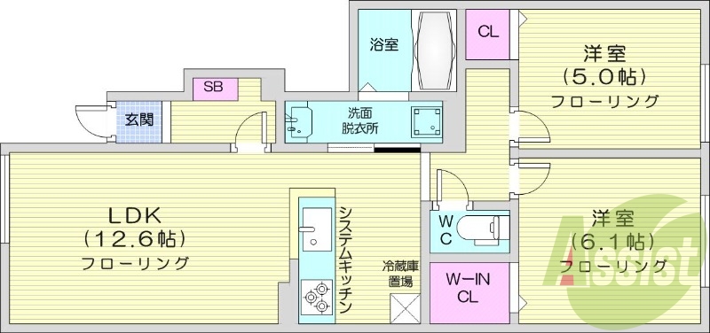 2LDK、エアコン、システムキッチン、追い炊き、浴室乾燥機