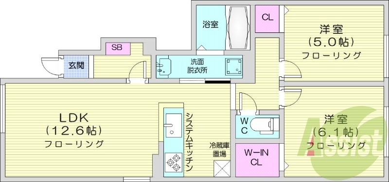 2LDK、エアコン、システムキッチン、追い炊き、浴室乾燥機