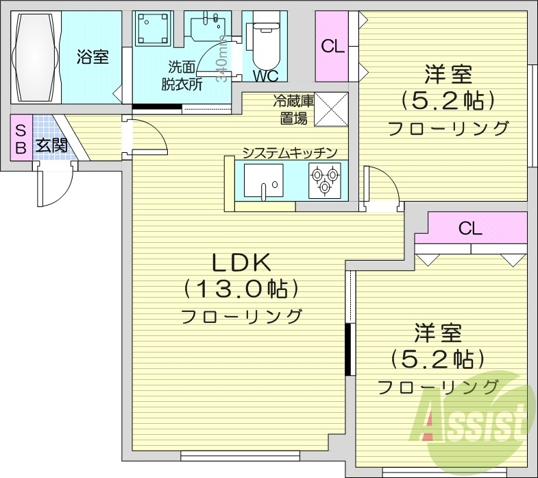 2LDK、エアコン、灯油暖房、対面キッチン