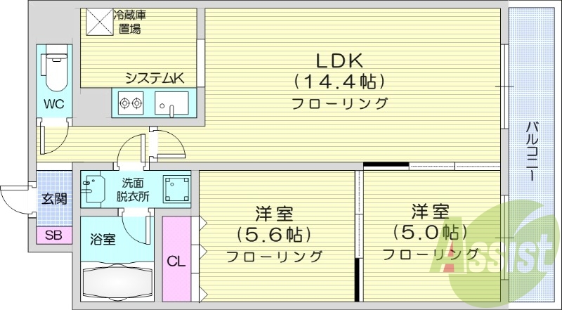 2LDK、都市ガス、オートロック、24時間換気システム