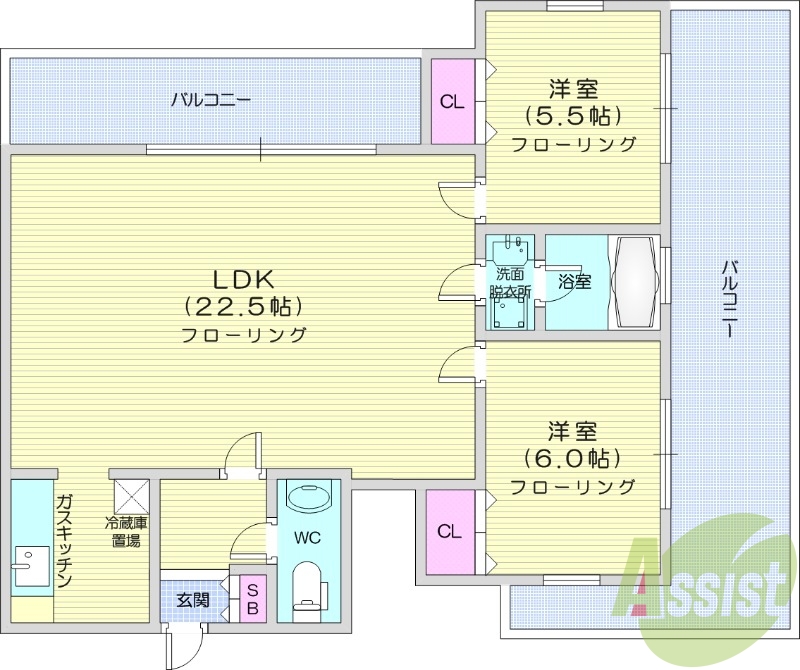 2LDK、オートロック、モニターホン、都市ガス