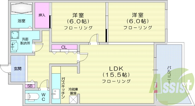 2LDK、オートロック、モニターホン、都市ガス