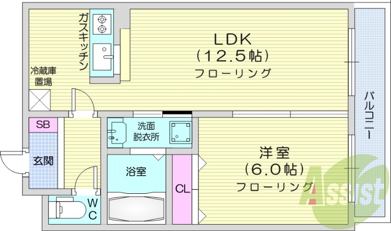 1LDK、対面キッチン、灯油暖房、バルコニー