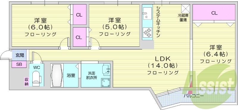 3LDK、エアコン、システムキッチン、独立洗面台