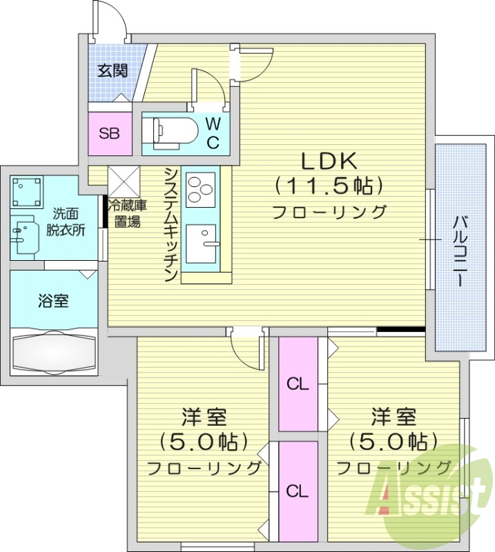 2LDK、都市ガス、エアコン、システムキッチン、