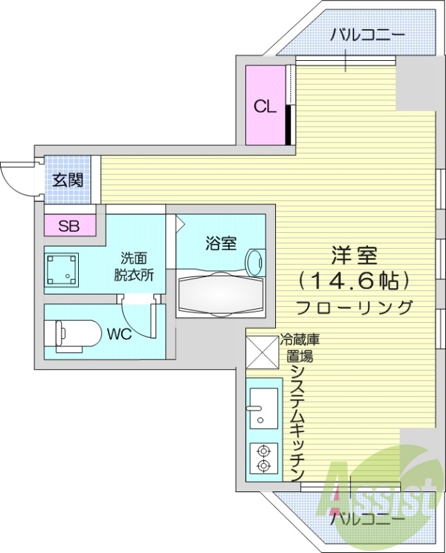 1R、エアコン、灯油暖房、洗面台、システムキッチン