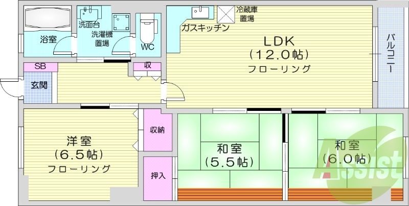 3LDK、オートロック、追い炊き、灯油給湯、バストイレ別