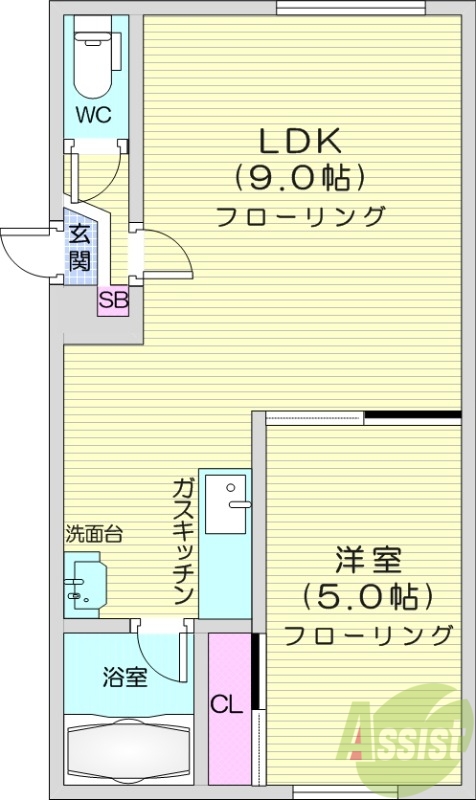 1LDK、角部屋、灯油暖房、ペット可、収納