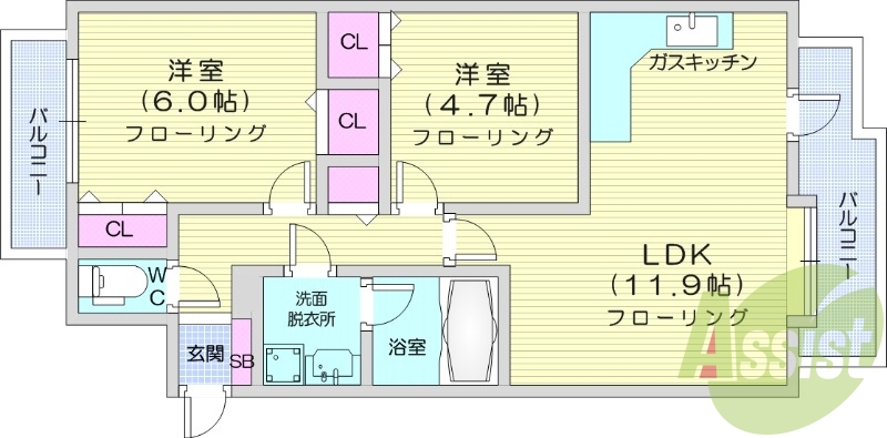 2LDK、都市ガス、エアコン、灯油暖房、シャンプードレッサー