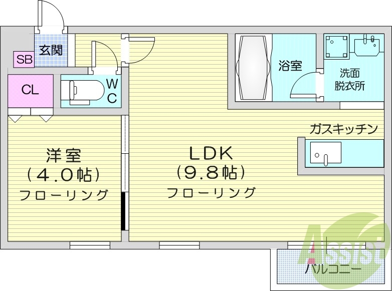 1LDK、クッションフロア、エアコン、バルコニー
