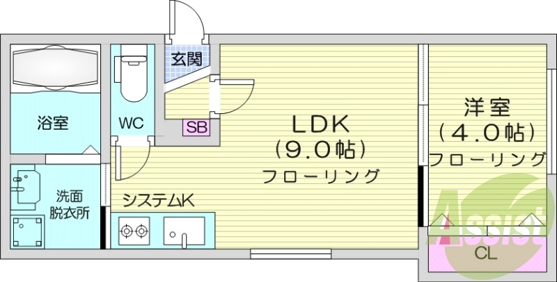 1LDK、灯油暖房、独立洗面台