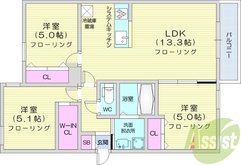 3LDK、都市ガス、エアコン、システムキッチン