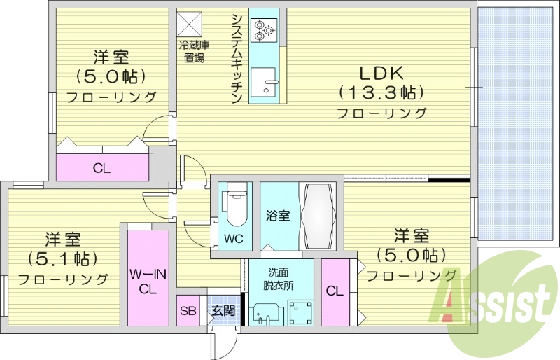 3LDK、都市ガス、エアコン、システムキッチン