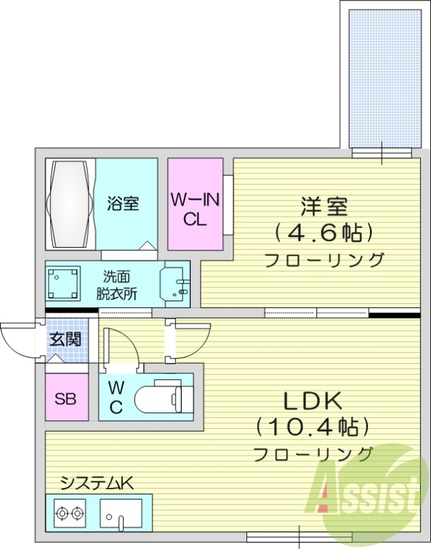 1LDK、都市ガス、エアコン、システムキッチン
