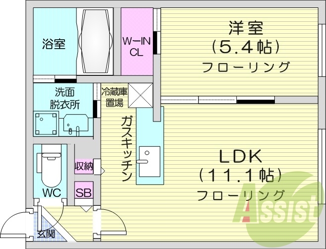 1LDK、エアコン、都市ガス、システムキッチン