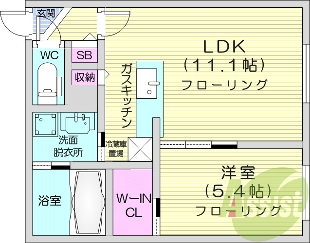 1LDK、エアコン、都市ガス、システムキッチン