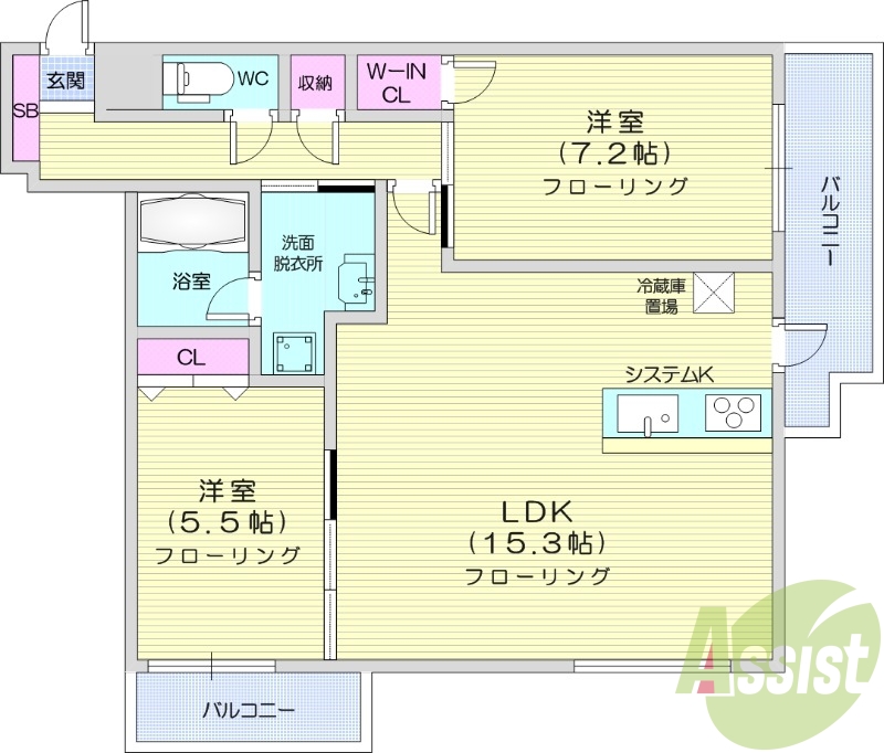2LDK、システムキッチン、エアコン、追い焚き