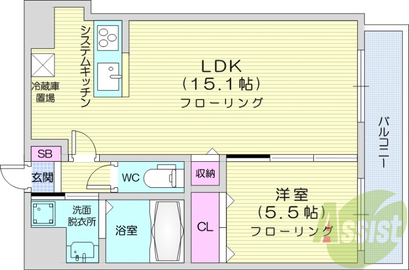 1LDK、システムキッチン、エアコン、追い焚き