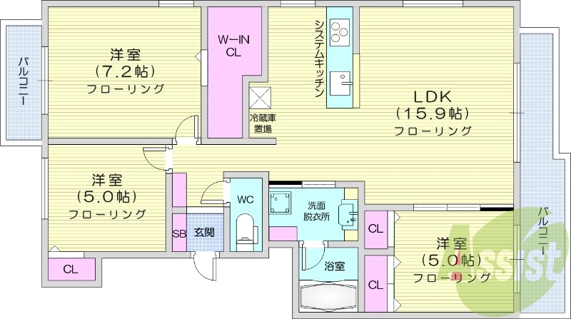 3LDK、都市ガス、分譲タイプ、追い焚き、浴室乾燥機
