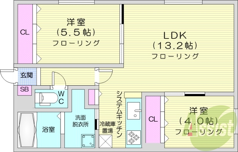 2LDK、エアコン、都市ガス、システムキッチン