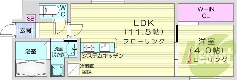 1LDK、エアコン、都市ガス、システムキッチン