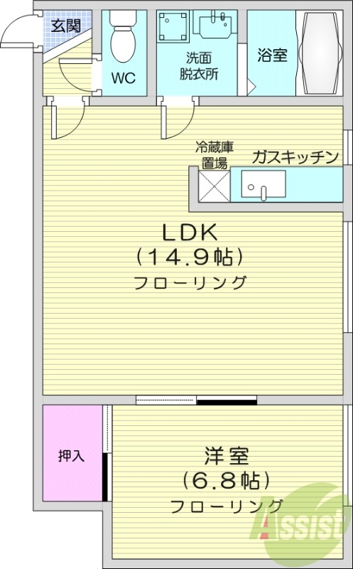 1LDK、灯油暖房、バストイレ別、シューズボックス