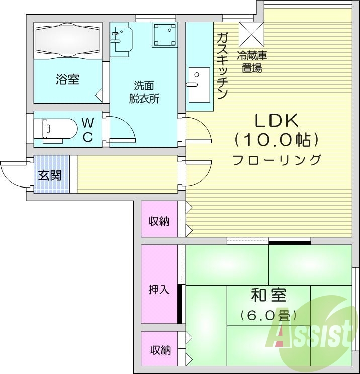 1LDK、バストイレ別、ガス暖房、ペット可