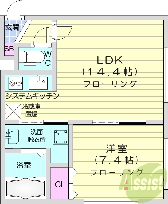 1LDK、システムキッチン、独立洗面台、電気暖房