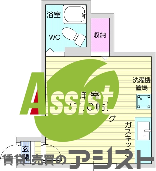 1R、室内洗濯置場、都市ガス、ペット可能、収納