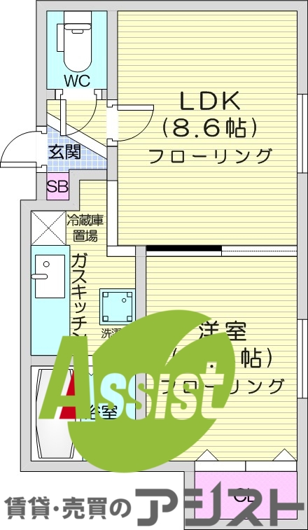 1LDK、灯油FF暖房、バストイレ別、クローゼット